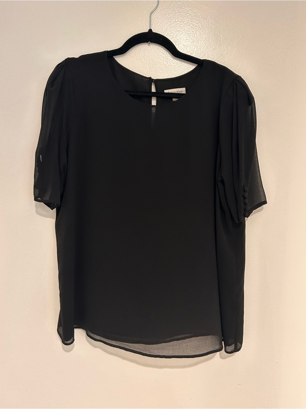 Calvin Klein Black Puff-Sleeve Chiffon Blouse